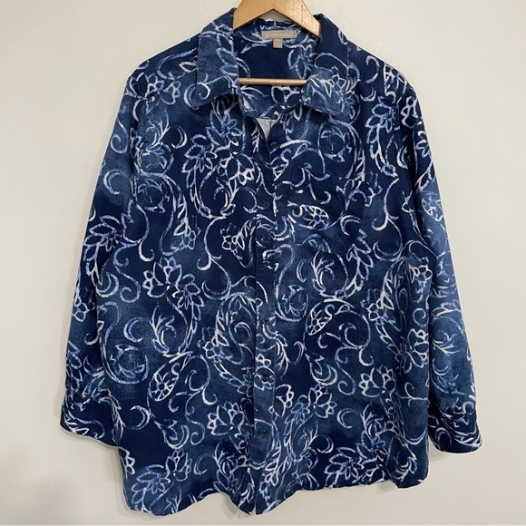 💫 Cobalt Blue Large Motif Paisley Print Button Down Cool Tone Shirt Top - Picture 2 of 5